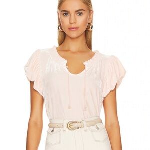 Free People Terese Velvet Ruched Ballon Sleeves Tie Front Top Size M